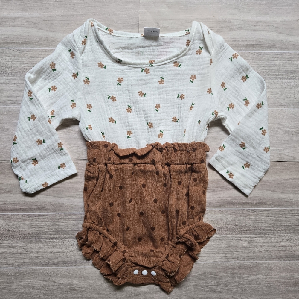Baby Girl Floral Long Sleeve Ruffle Polka Dot Romper Cotten Linen Jumper 12-18M